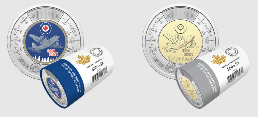 2024 2-DOLLAR 100TH ANNIVERSARY OF THE ROYAL CANADIAN AIR FORCE COLOURIZE/NON-COLORIZED SPECIAL 2-ROLL SET