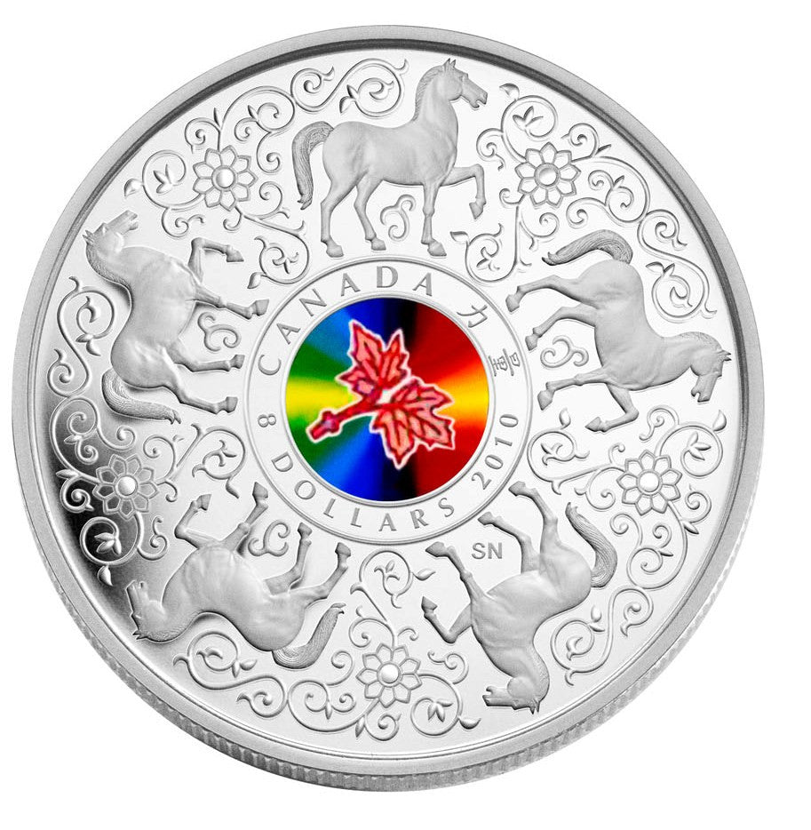 2010 $8 STERLING SILVER COIN - MAPLE OF STRENGTH - HOLOGRAM HORSE CHINESE ZODIAC