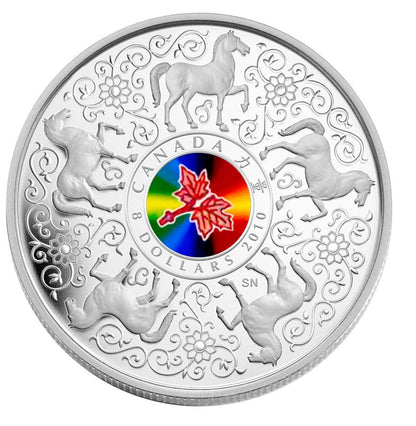 2010 $8 STERLING SILVER COIN - MAPLE OF STRENGTH - HOLOGRAM HORSE CHINESE ZODIAC