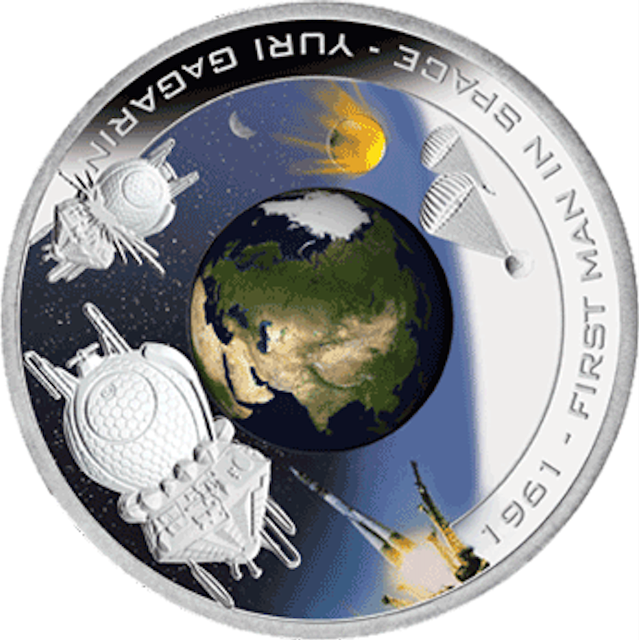 2008 1oz $1 COOK ISLAND FINE SILVER COLOURED PROOF COIN - FIRST MAN IN SPACE: YURI GAGARIN (PERTH MINT)