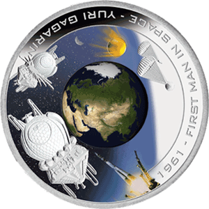 2008 1oz $1 COOK ISLAND FINE SILVER COLOURED PROOF COIN - FIRST MAN IN SPACE: YURI GAGARIN (PERTH MINT)