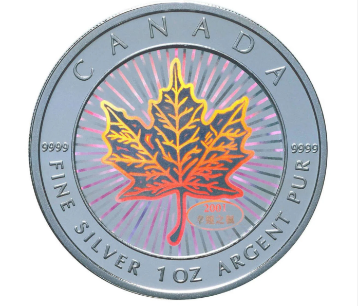 2001 1oz $5 HOLOGRAM SILVER MAPLE LEAF COIN