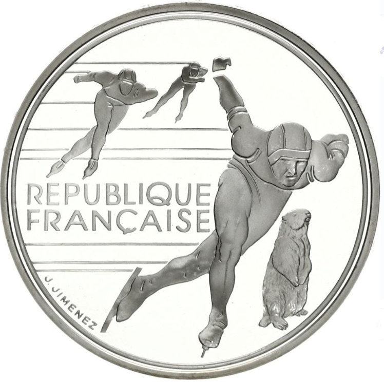 1990 (100 FRANC) ALBERTVILLE OLYMPICS SPEED SKATING SILVER COIN