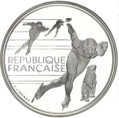 1990 (100 FRANC) ALBERTVILLE OLYMPICS SPEED SKATING SILVER COIN