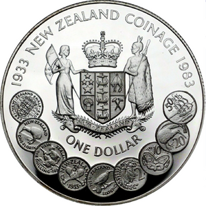1933-1983 $1 NEW ZEALAND 50TH ANNIVERSARY OF COINAGE PROOF STERLING SILVER