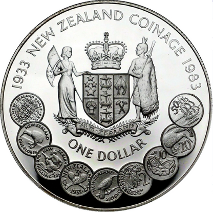 1933-1983 $1 NEW ZEALAND 50TH ANNIVERSARY OF COINAGE PROOF STERLING SILVER