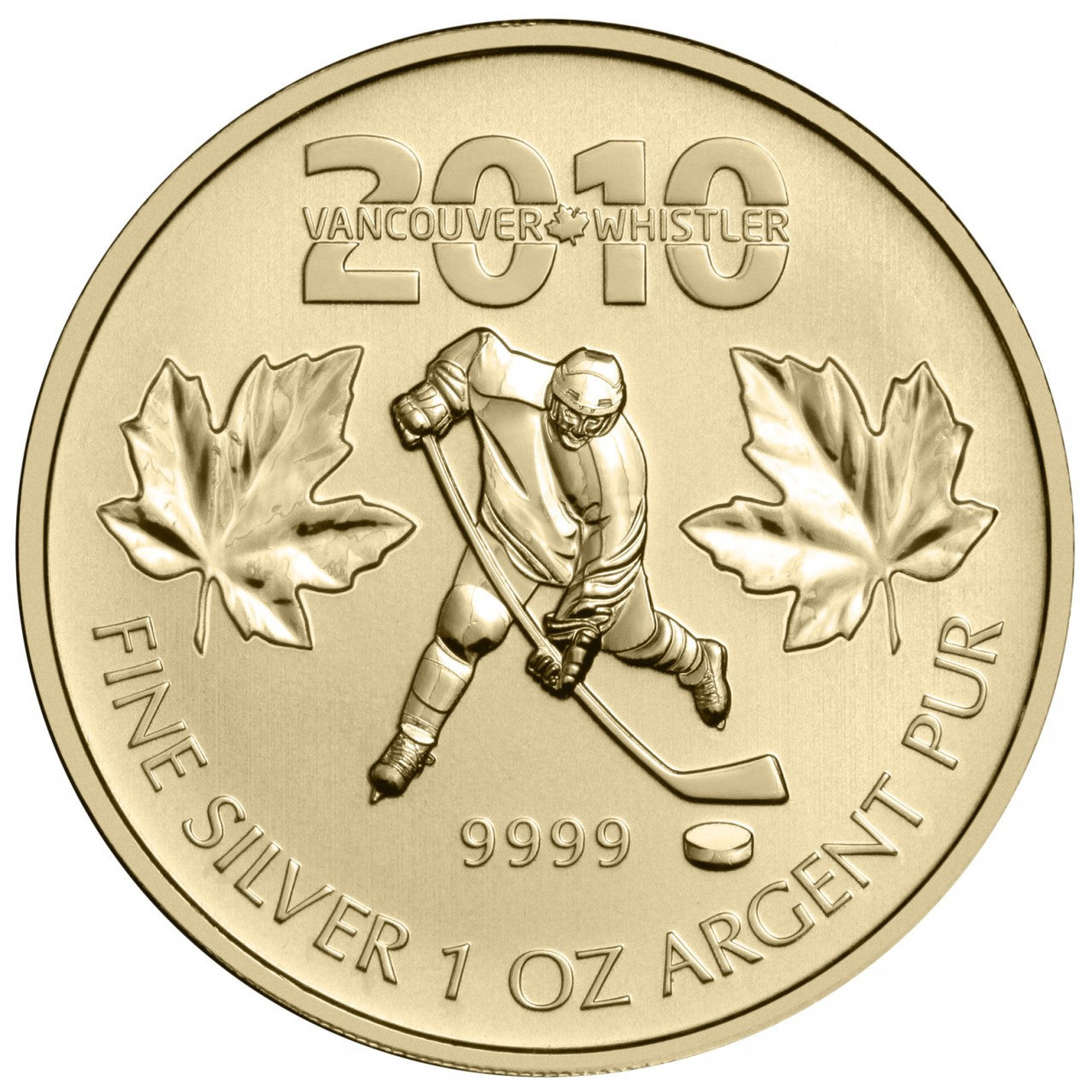 2010 1oz $5 OLYMPIC COMMEMORATIVE HOCKEY SILVER MAPLE LEAF (GOLD PLATED)