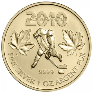2010 1oz $5 OLYMPIC COMMEMORATIVE HOCKEY SILVER MAPLE LEAF (GOLD PLATED)