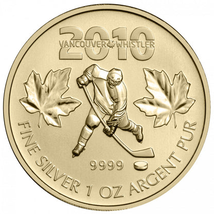 2010 1oz $5 OLYMPIC COMMEMORATIVE HOCKEY SILVER MAPLE LEAF (GOLD PLATED)
