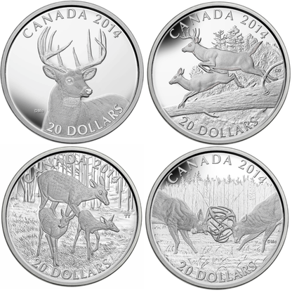 2014 WHITE TAILED DEER 4-COIN SET (4 X 1OZ. $20 FINE SILVER COINS)