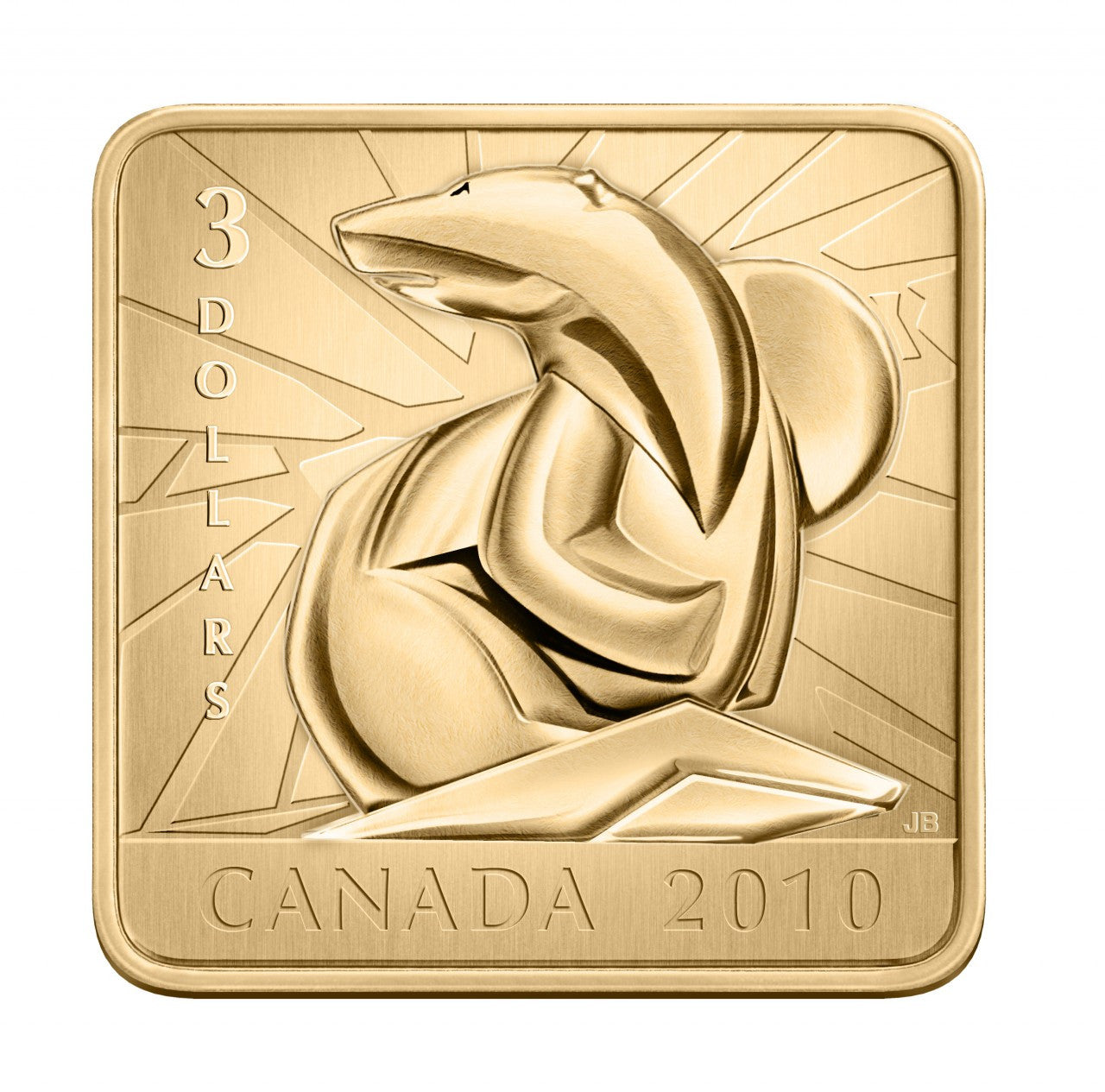 2010 $3 SQUARE SHAPED GOLD PLATED SILVER COIN - POLAR BEAR WILD LIFE CONSERVATION