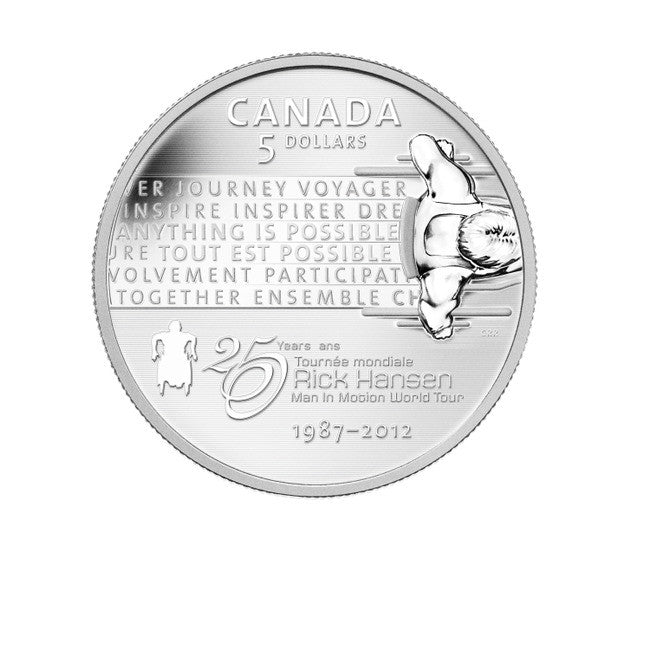 2012 $5 - 25TH ANNIVERSARY - RICK HANSEN TOUR - FINE SILVER COIN