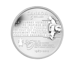 2012 $5 - 25TH ANNIVERSARY - RICK HANSEN TOUR - FINE SILVER COIN