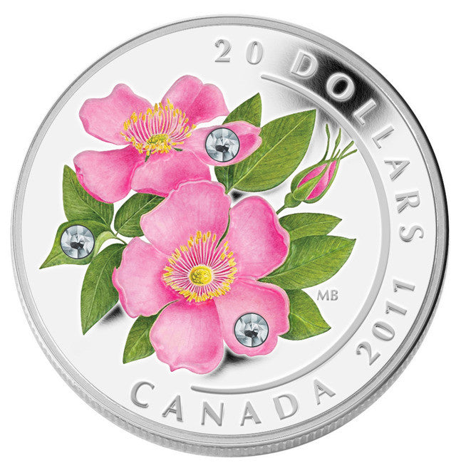 2011 1oz $20 COLOURED SILVER COIN - WILD ROSE
