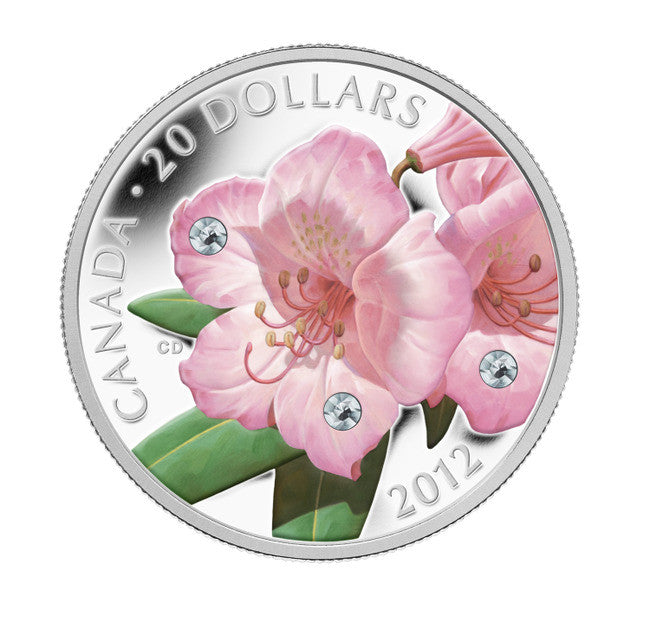 2012 1oz $20 - RHODODENDRON WILDFLOWER - SWAROVSKI CRYSTAL WATER DROPLETS - FINE SILVER COIN