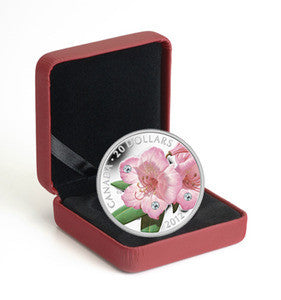 2012 1oz $20 - RHODODENDRON WILDFLOWER - SWAROVSKI CRYSTAL WATER DROPLETS - FINE SILVER COIN