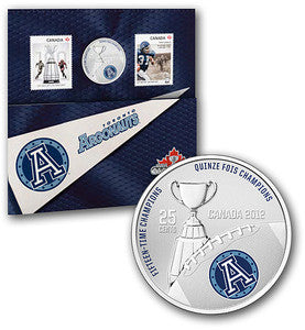 2012 THE TORONTO ARGONAUTS - 25-CENT COLOURED COIN AND STAMP SET