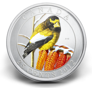 2012 25-CENT COLOURED COIN - EVENING GROSBEAK