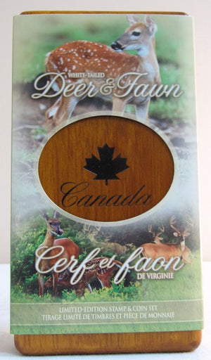2005 CANADIAN STAMP AND PURE SILVER $5 COIN SET. THE WHITE TALED DEER AND FAWN