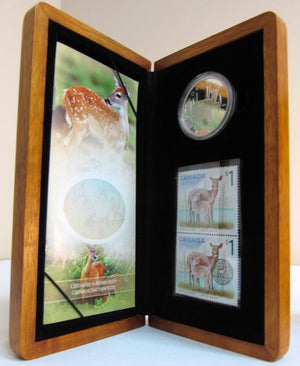 2005 CANADIAN STAMP AND PURE SILVER $5 COIN SET. THE WHITE TALED DEER AND FAWN