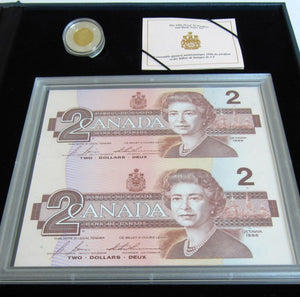 1996 $2 CANADIAN PIEDFORT TOONIE & 2 UNCUT BRX BANKNOTE SET