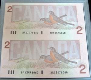 1996 $2 CANADIAN PIEDFORT TOONIE & 2 UNCUT BRX BANKNOTE SET