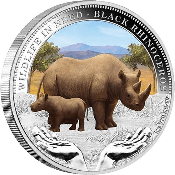 2012 TUVALU SILVER PROOF COIN - WILDLIFE IN NEED - BLACK RHINOCEROS