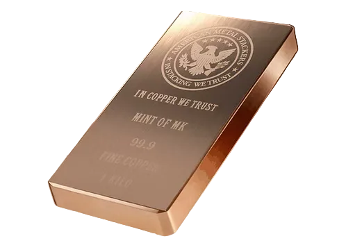 1 KILO AMERICAN METAL STAKER COPPER BAR W/ COLLECTOR'S BLUE BOX