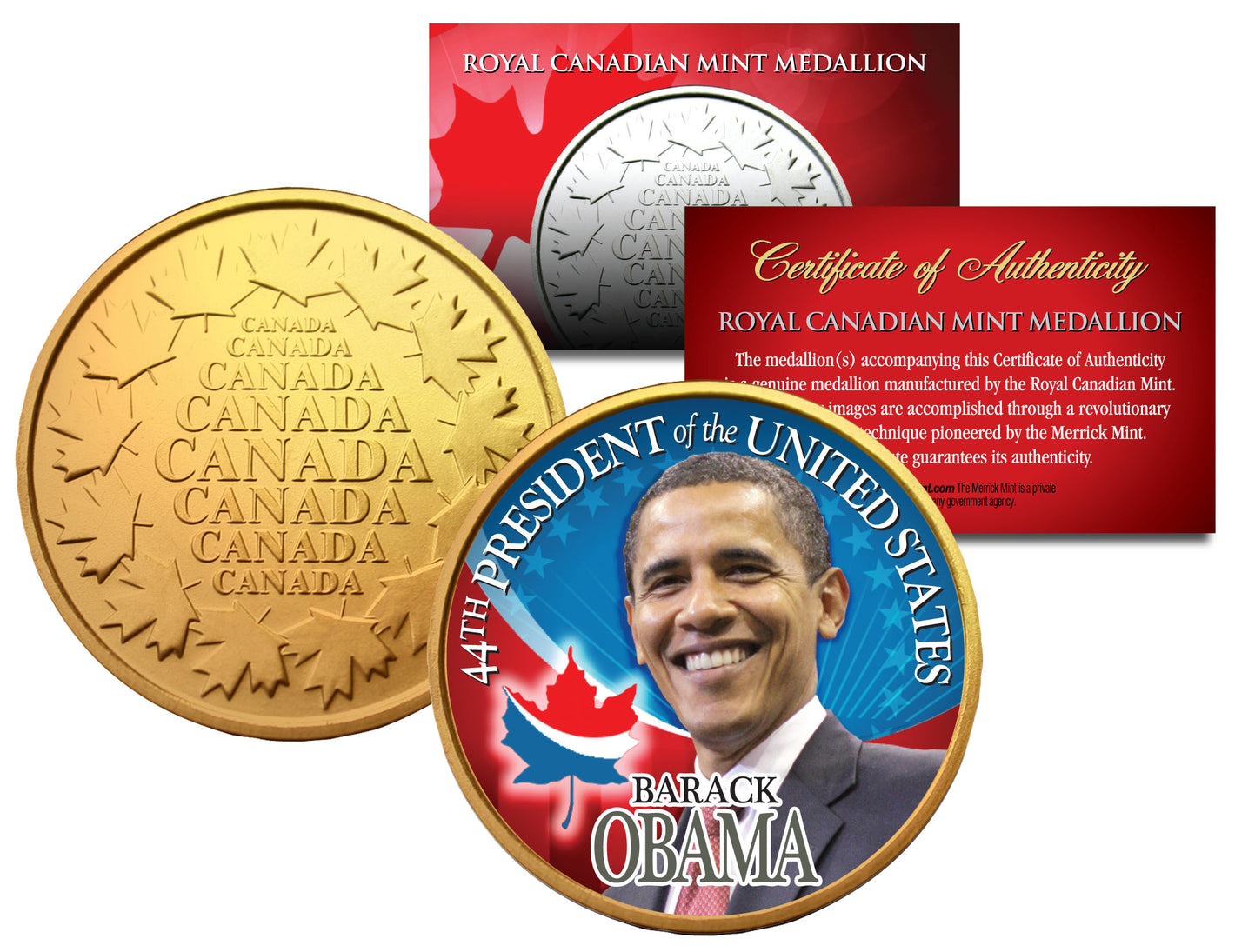 44TH PRESIDENT BARACK OBAMA CANADIAN-AMERICAN GOLD-PLATED COMMEMORATIVE MEDALLION