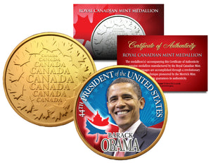 44TH PRESIDENT BARACK OBAMA CANADIAN-AMERICAN GOLD-PLATED COMMEMORATIVE MEDALLION