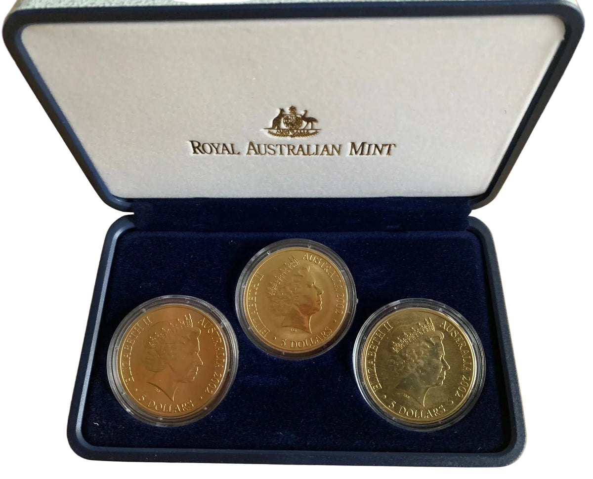 2002 $5 ROYAL AUSTRALIAN MINT MANCHESTER COMMONWEALTH GAMES 3-COIN SET