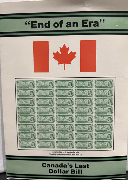 $1 CANADIAN DOLLAR BILL "END OF AN ERA" UNCUT FOUR BILL SHEET