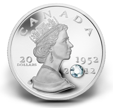 2012 1oz $20 THE QUEEN'S DIAMOND JUBILEE - FINE SILVER COIN WITH CRYSTAL