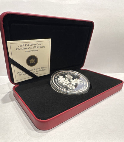 [AUCTION ONLY] 2007 5oz $50 QUEEN ELIZABETH AND PRINCE PHILIP, 60TH WEDDING ANNIVERSARY FINE SILVER COIN