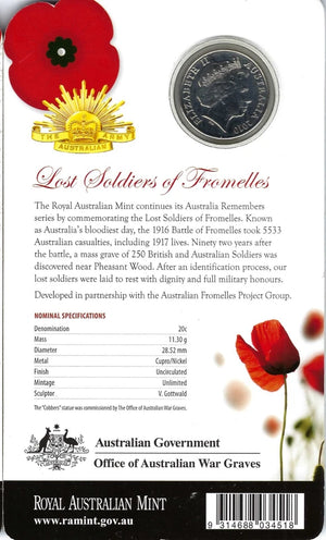 2010 20-CENTS AUSTRALIA REMEMBERS: LOST SOLDIERS OF FROMELLES BRILLIANT UNCIRCULATED COIN