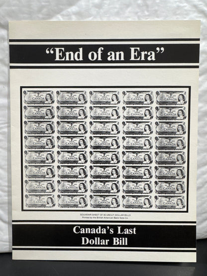 $1 CANADIAN DOLLAR BILL "END OF AN ERA" UNCUT THREE BILL SHEET