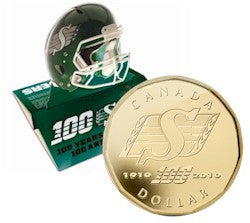 2010 SASKATCHEWAN ROUGHRIDERS POP UP FOOTBALL HELMET WITH DOLLAR (GOLD PLATED) (LIMITED TO 15000)