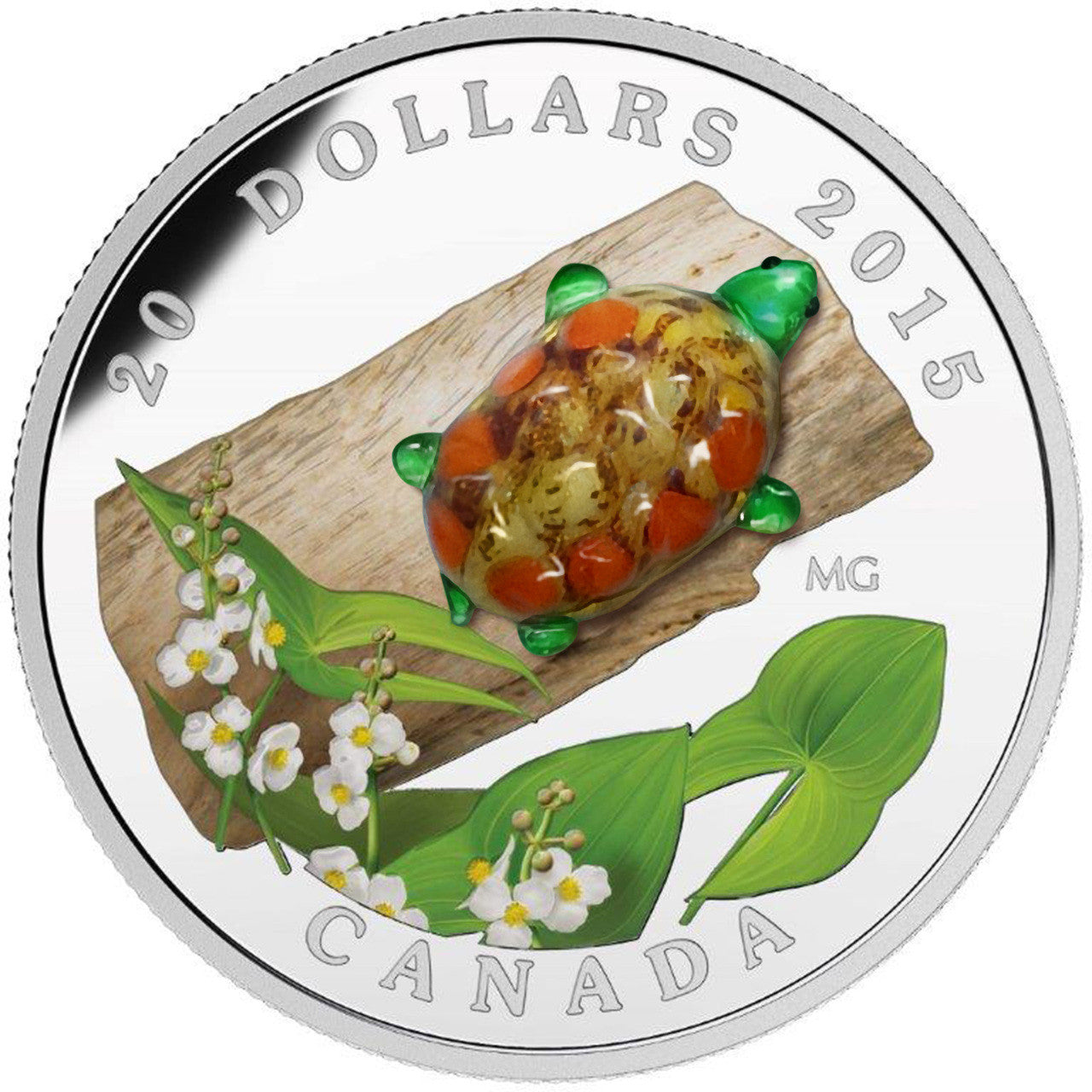 2015 1oz $20 VENETIAN GLASS TURTLE WITH BROADLEAF ARROWHEAD FLOWER FINE SILVER COIN