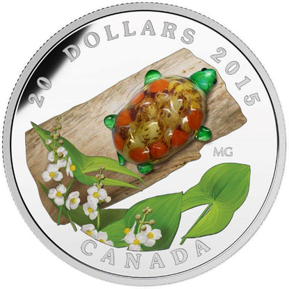 2015 1oz $20 VENETIAN GLASS TURTLE WITH BROADLEAF ARROWHEAD FLOWER FINE SILVER COIN