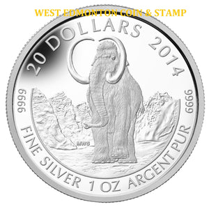 2014 1oz $20 PREHISTORIC ANIMALS: THE WOOLLY MAMMOTH FINE SILVER COIN